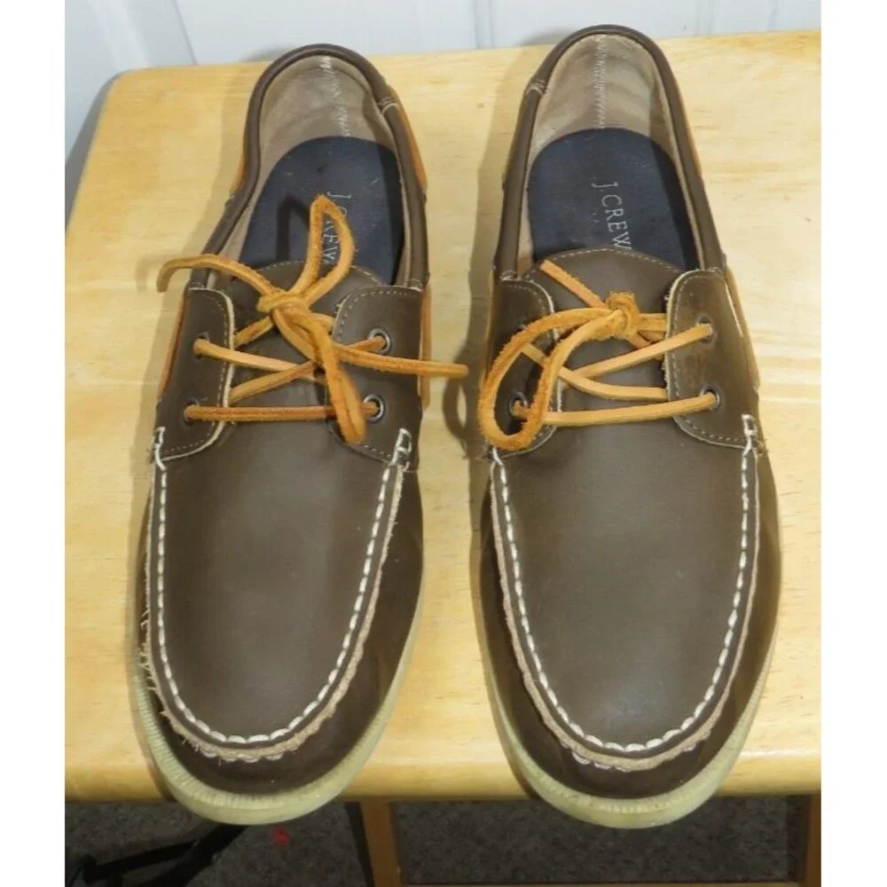 J.Crew Brown Leather Boat Shoes 2-Eye Casual Loafers Men's Size 11